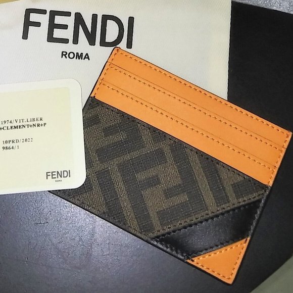 FENDI 'FF Logo w/ Orange Detail' Authentic Men's Canvas/Leather Card Holder NWT! - Picture 14 of 15
